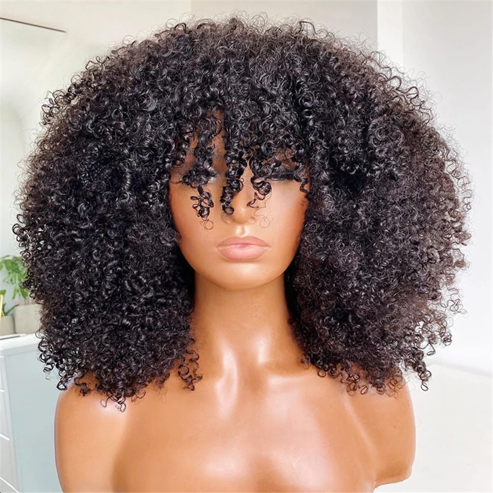 Mongolian Afro Kinky Curly Human Hair Wigs with Bangs Wear to go Glueless Wig Remy Brazilian Short Curly Bangs Wig Human Hair