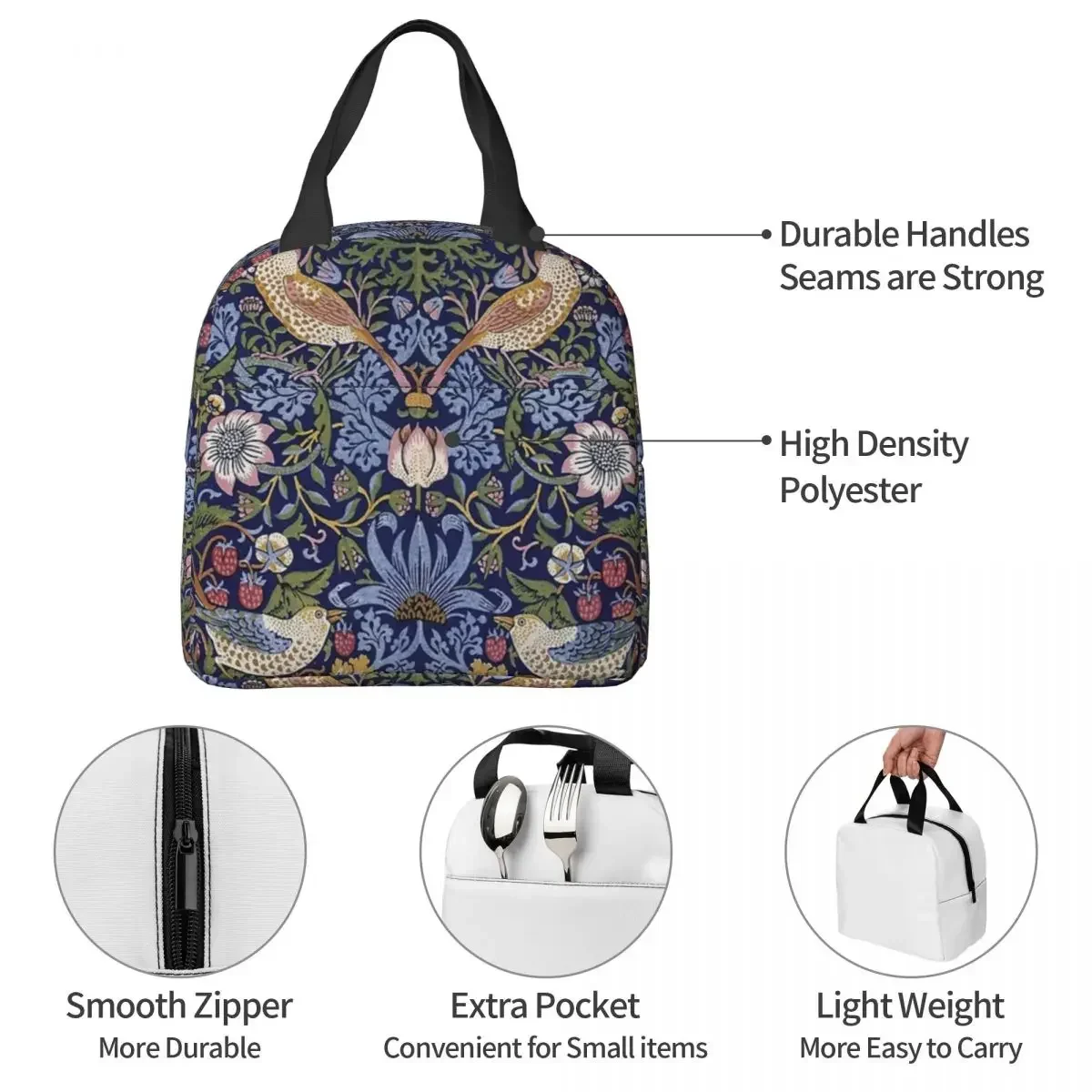 William Morris Design Lunch Bag Portable Insulated Canvas Cooler Thermal Cold Food Picnic Lunch Box for Women Kids