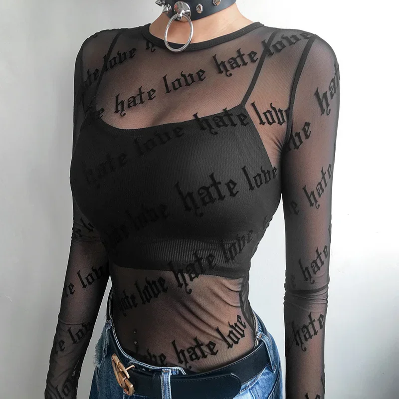 

New Fashion Sexy Women Mesh T-Shirts See-Through Perspective Tshirt Letter Printed O Neck Transparent Long Sleeve T Shirt Tops