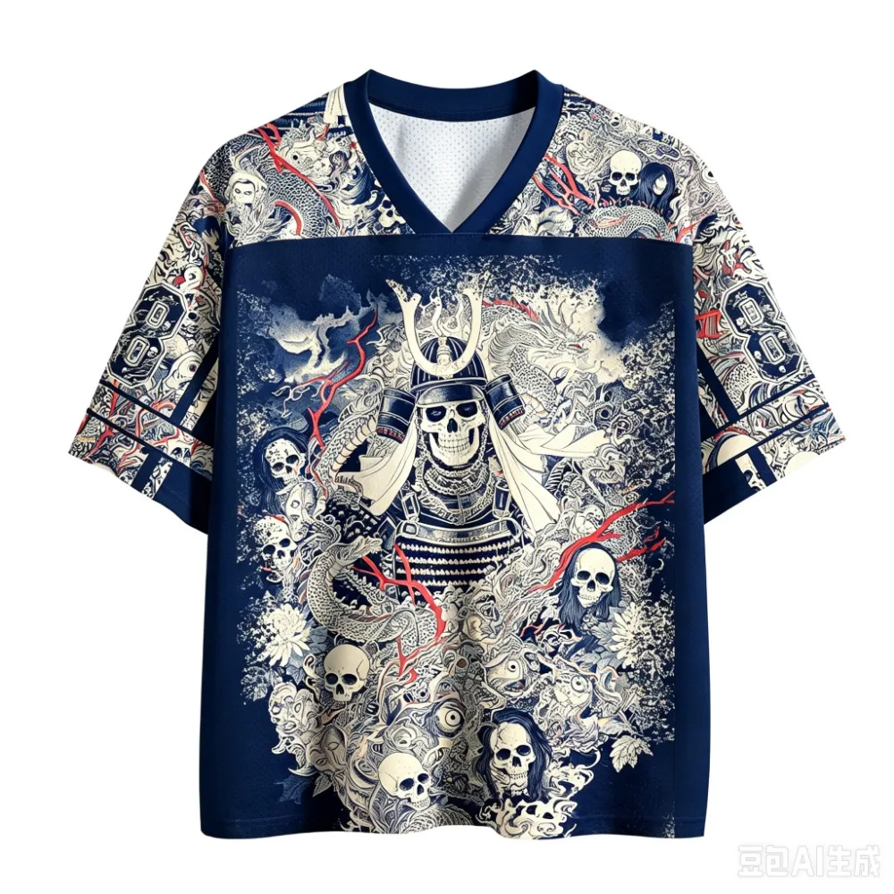 Retro Japanisches Ukiyo-e Samurai-Schädel-Drachen Schnelltrocknend Atmungsaktiv 3D-Druck Herren V-Ausschnitt T-Shirt Street Fashion Hip-Hop Y2K Eltern-Kind – Detail 3