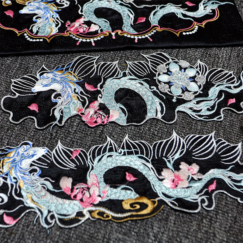 1pc Chinese Style Dragon with Flower Embroidered Patches for Clothing Sew on Hanfu Applique Decoration Handmade DIY Accessories