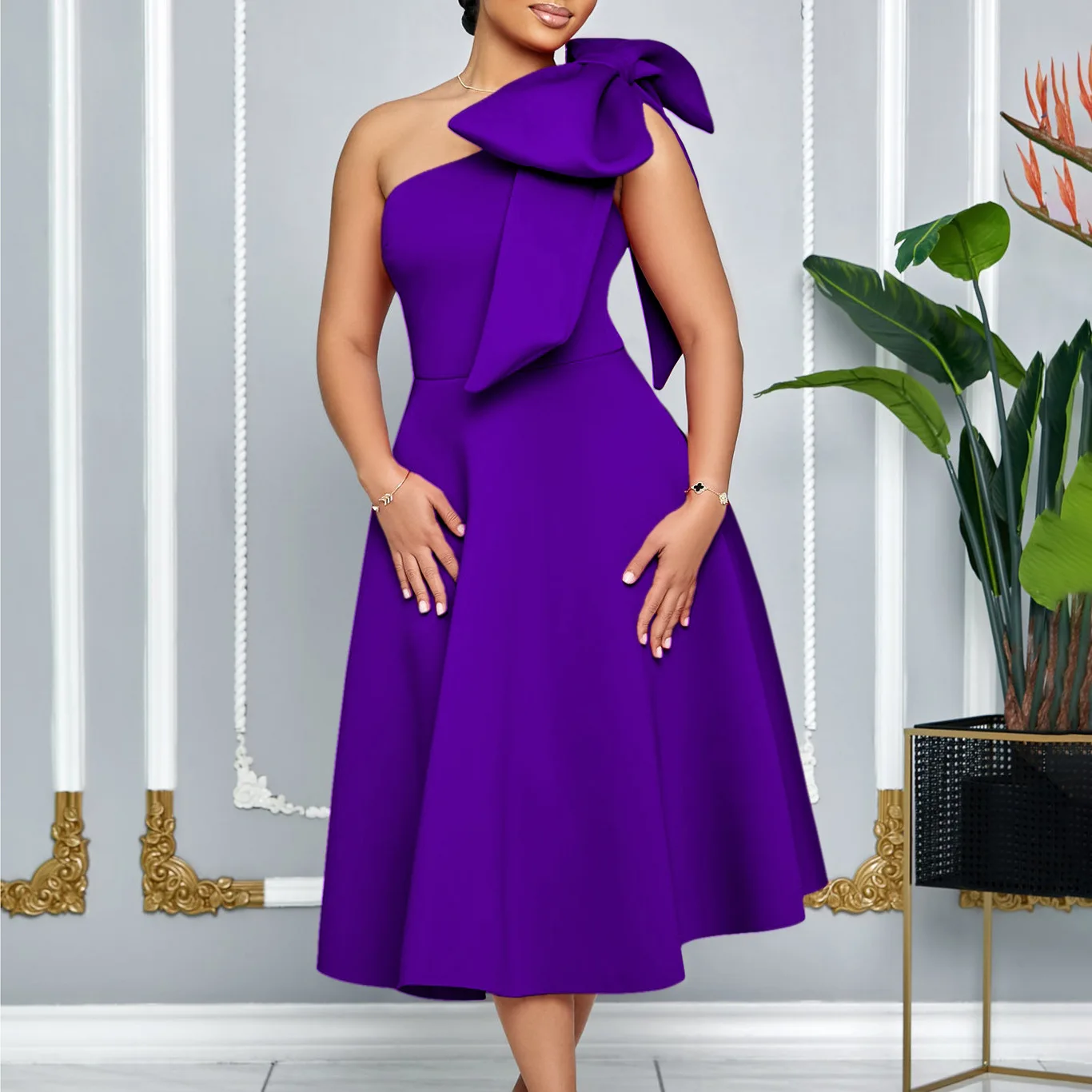 플러스 사이즈 여성용 패셔너블한 여름 드레스, 어깨 리본 디테일과 넓은 스커트로 파티 및 이벤트에 적합