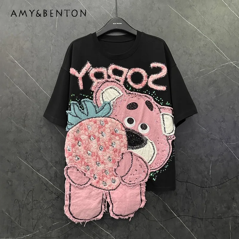 

2025 Summer Kawaii Clothes New Cartoon Short-sleeved T-shirts Women's Loose Casual Sweet Style Half-sleeved Top Pullover Ladies