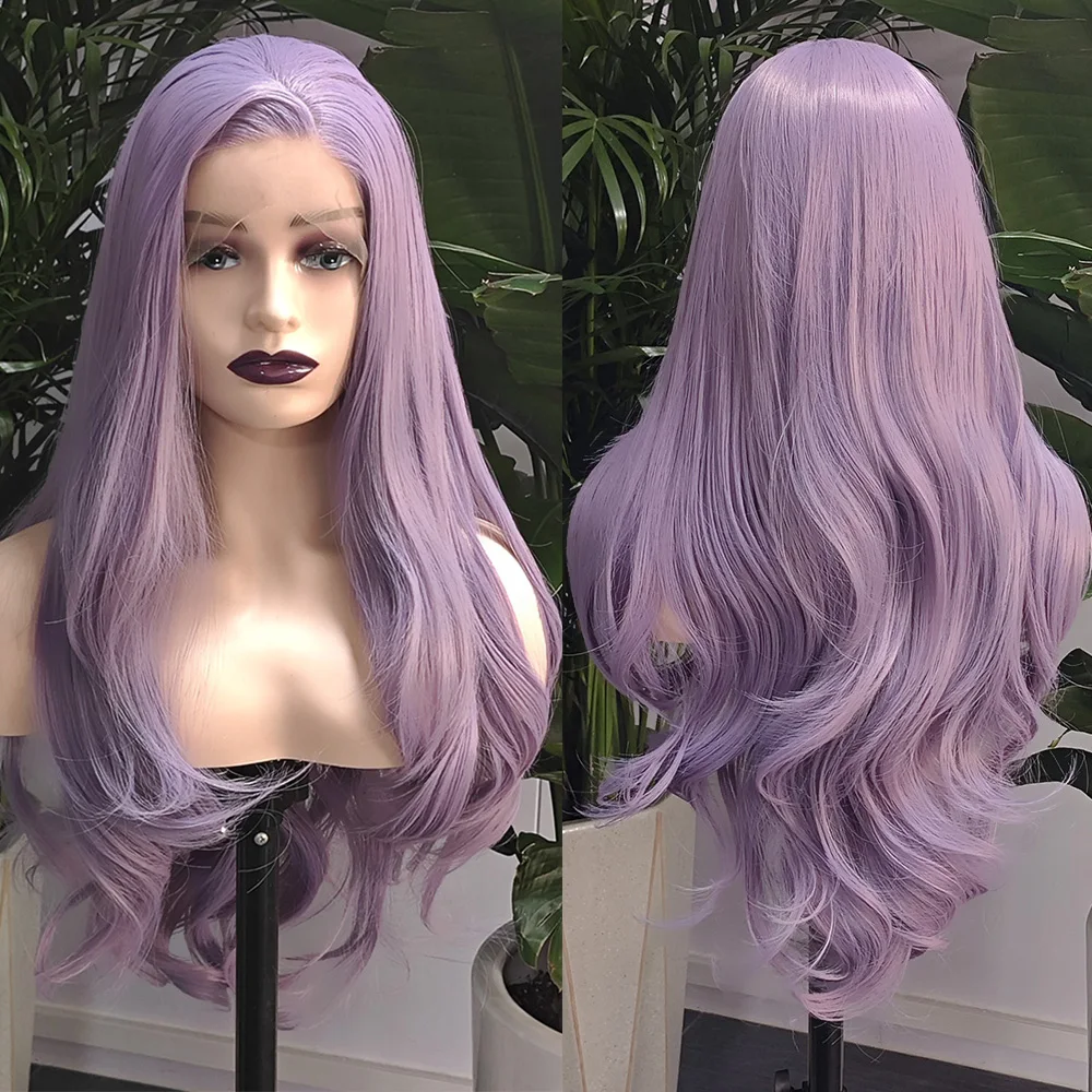 RONGDUOYI Light Purple Natural Wavy Synthetic Wig Long Wavy Purple Hair Heat Fiber Lace Front Wigs Women Makeup Use Blue Hair