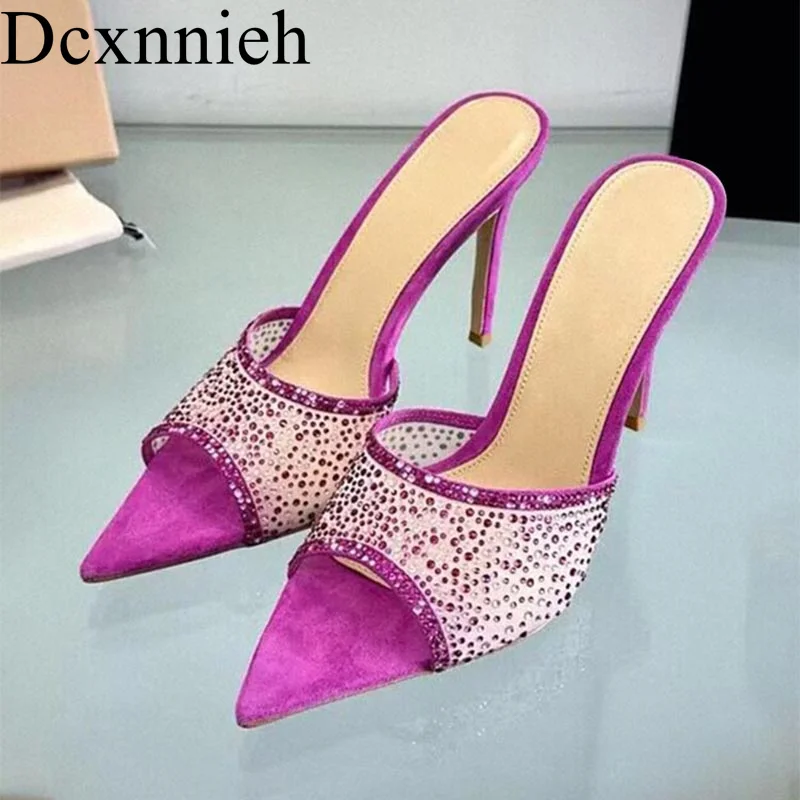 

Summer New Crystal Decoration Solid Color Slim Heel Slippers Women's Simple Versatile Pointed Sandals Fashionable Banquet Shoes