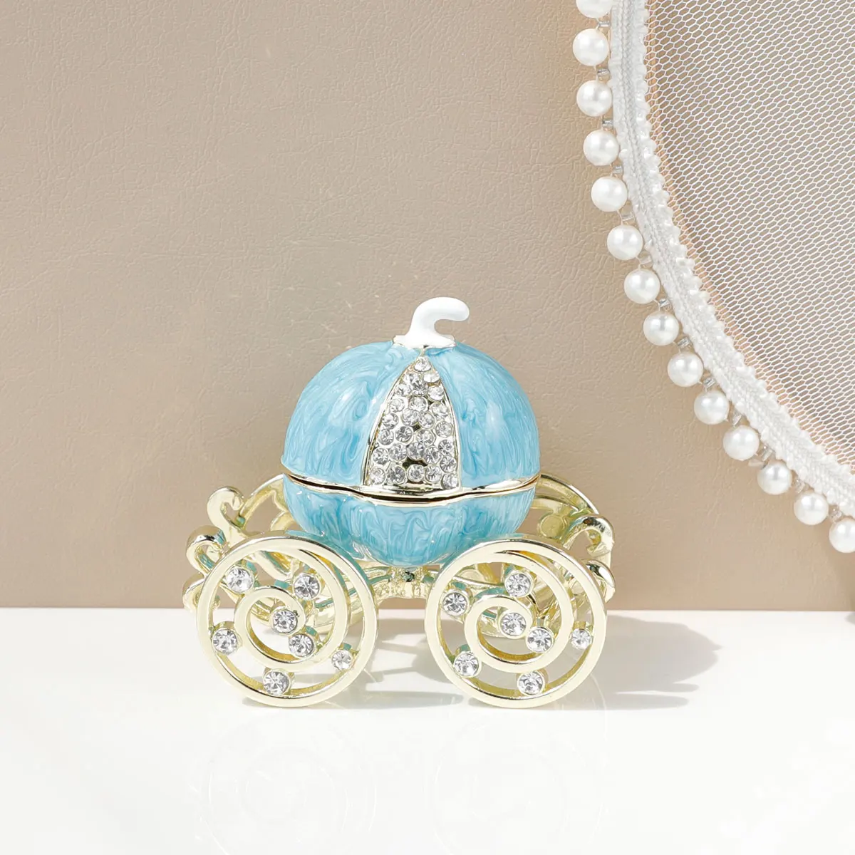 Hand Painted Enameled Cinderella Pumpkin Carriage Decorative Hinged Jewelry Trinket Box Unique Gift for Family