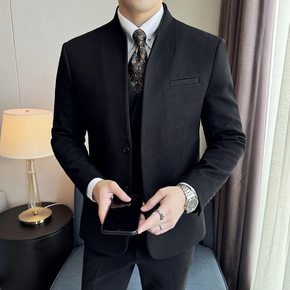 New Chinese Stand-up Collar Woolen Suit Autumn Winter Men\'s Business Casual Groom Wedding Slim Fit Suit Tuxedo 3-piece Set