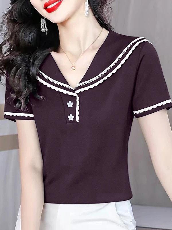 New 2026 Women's Loose Fit Short Sleeve T-Shirt Naval Collar Fashionable Summer Slimming Color Block Top Korean Style Cotton
