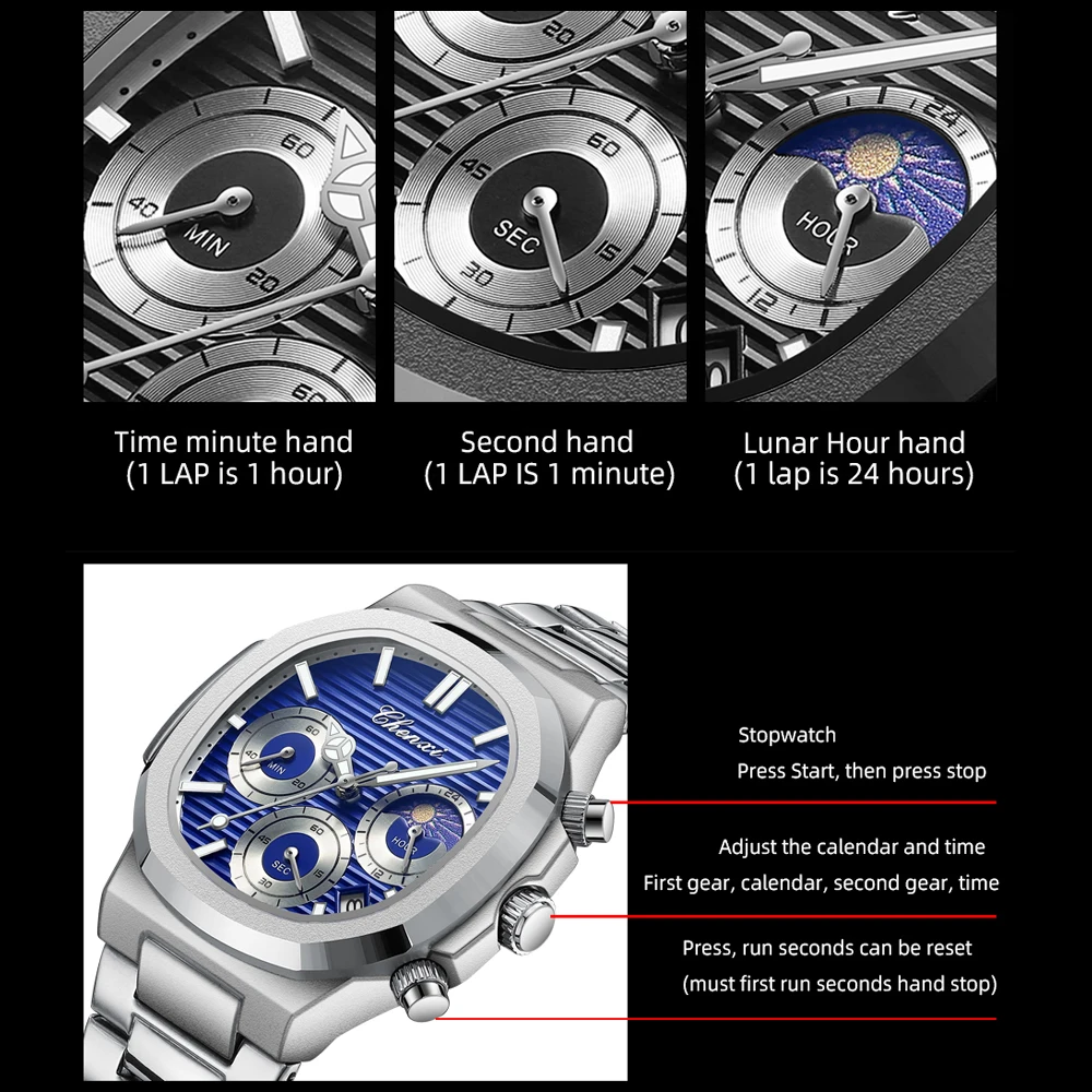 CHENXI Stainless Steel Watches for Mens Creative Fashion Luminous Dial with Chronograph Clock Male Casual Quartz Wristwatches