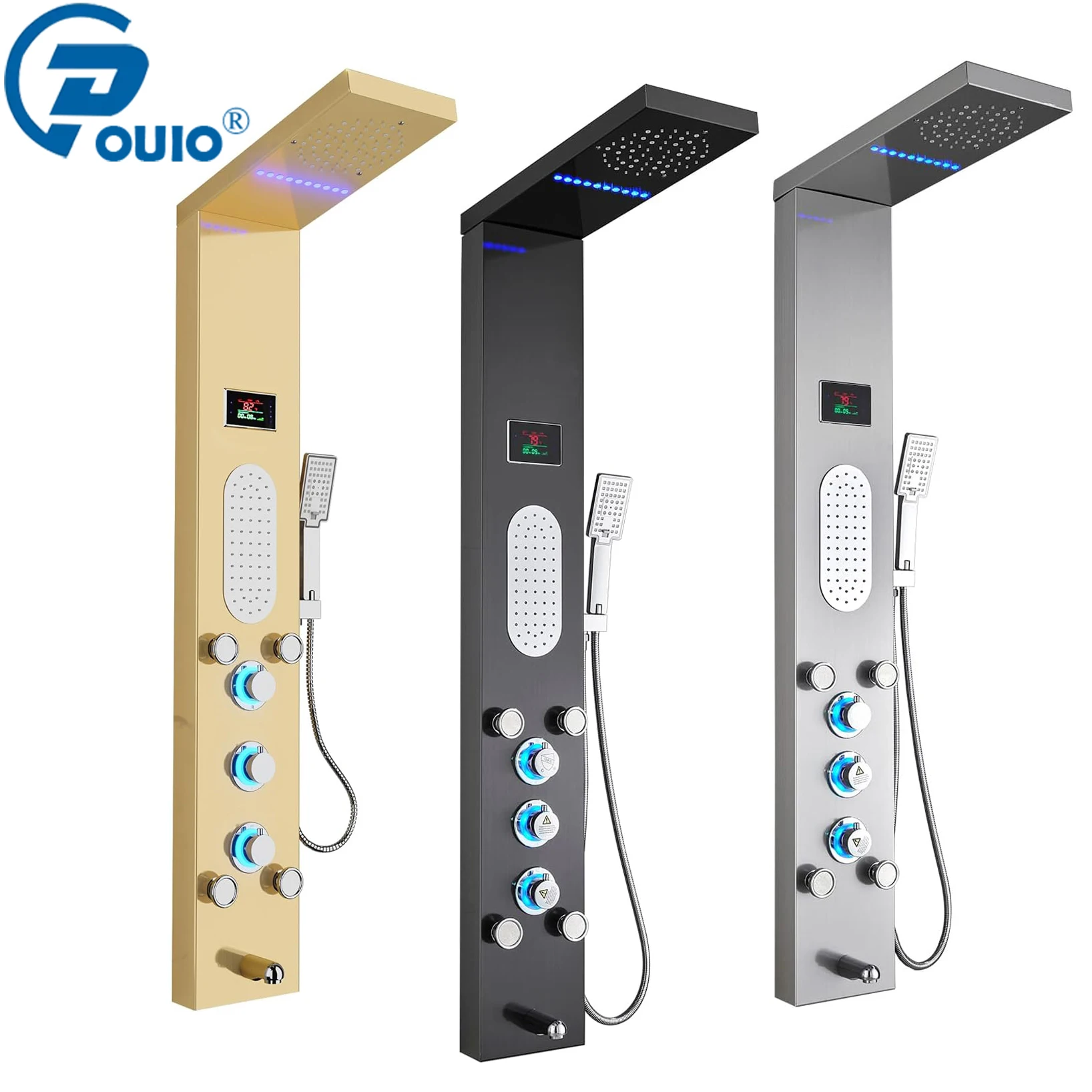 OUIO LED-Duschpaneelsystem mit Digitalanzeige, Multifunktions-Regenduschsäule mit Handbrause (Gold/Schwarz/Grau Optio