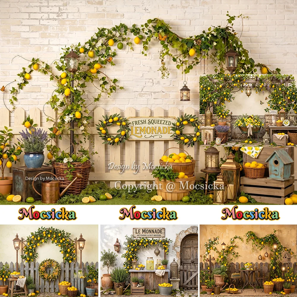 Mocsicka Summer Kids Birthday Backdrop Photography Rustic White Fence Lemon Vine Lantern Scene Background Baby Show Photo Studio