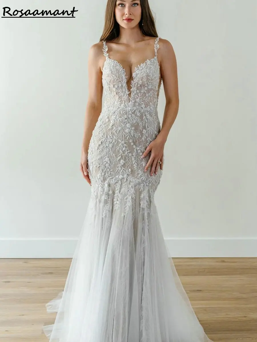 

Romantic Illusion 3D Floral Lace Mermaid Wedding Dresses Spaghetti Straps Backless Boho Bridal Gowns
