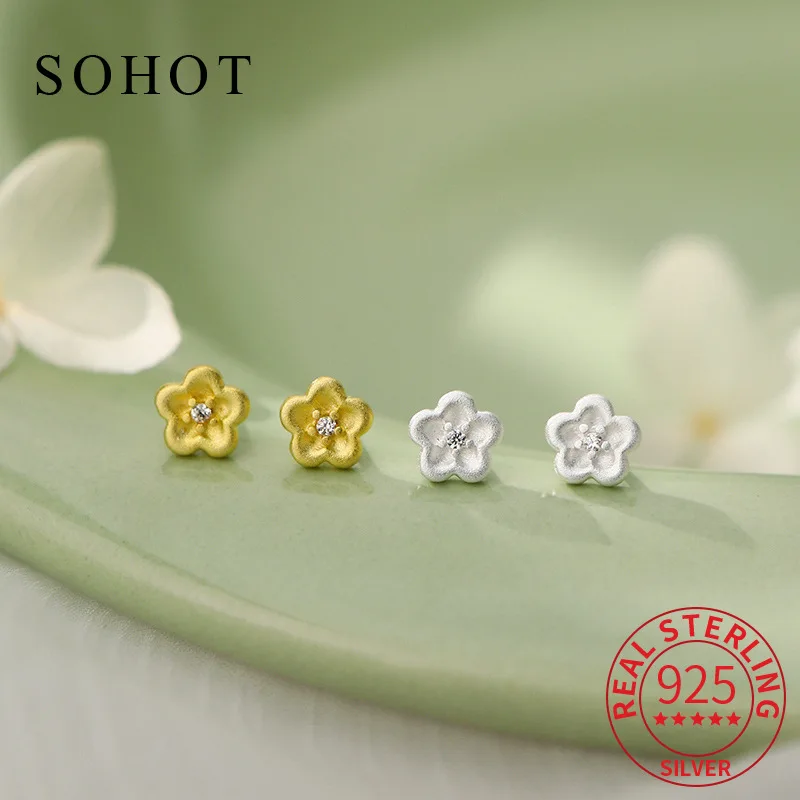 أقراط صغيرة على شكل زهرة من الفضة الإسترليني عيار 925 حقيقية للنساء الساحرة مجوهرات راقية لطيفة وإكسسوارات نباتية هندسية