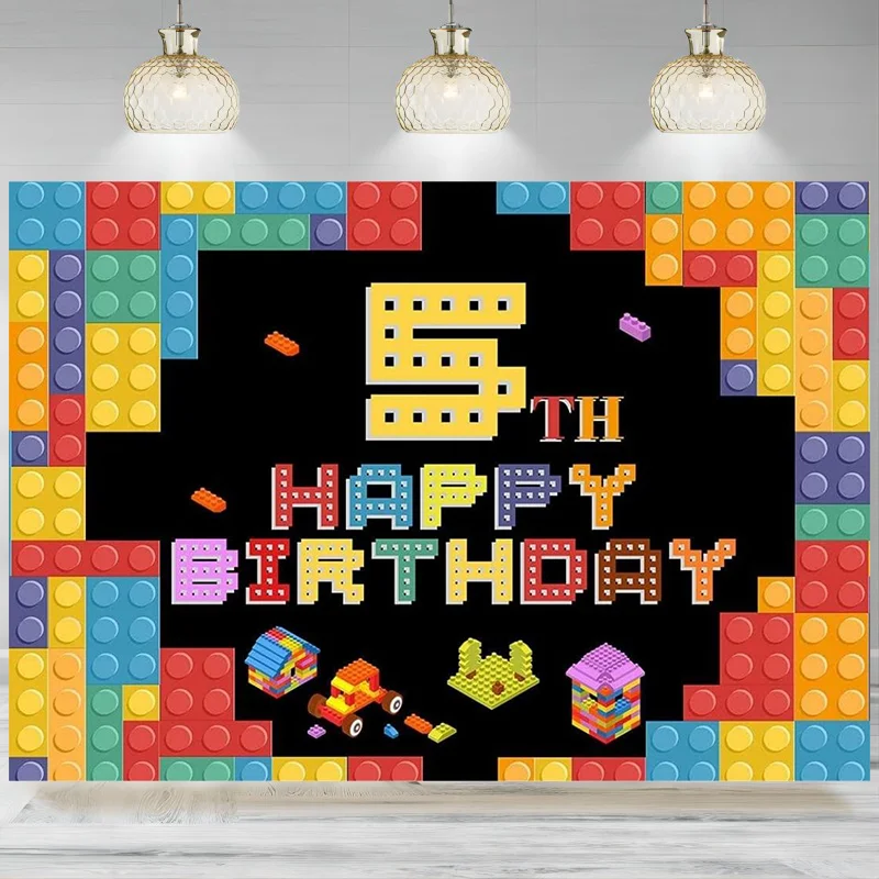 Fondo de cartel de feliz 5 ° cumpleaños, bloques de construcción coloridos, fondo temático, decoraciones de cinco años, pieza de fotografía para niños