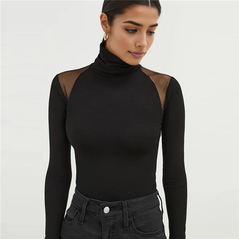 Hot Kf-dames mesh splitsen lange mouwen tops doorzichtige bodysuit party club nachtclub bodysuit zwart S