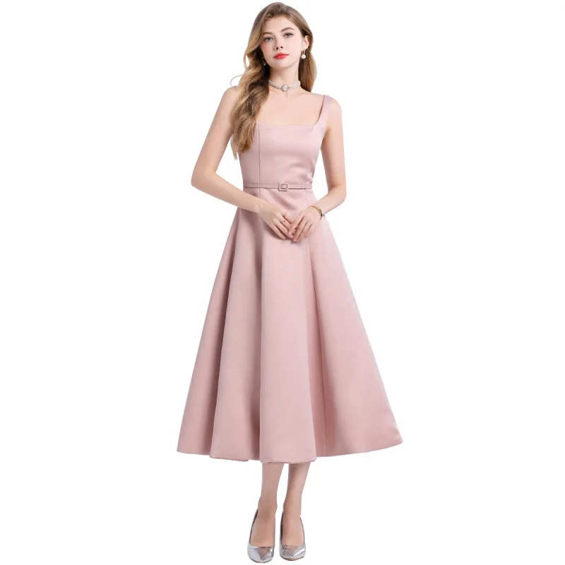 

2026 France Spring Summer Strapped Dress Women's Dinner Party Maxi Dresses O-neck Slim Temperament Big-hem Sling A-line Dresses