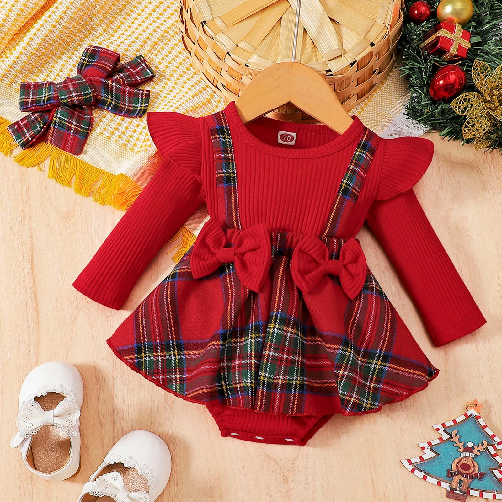 

Christmas Infant Baby Girls Romper Dress Cute Ribbed Plaid Jumpsuits And Bow Headband Autumn Winter Long Sleeve Bodysuit 2024