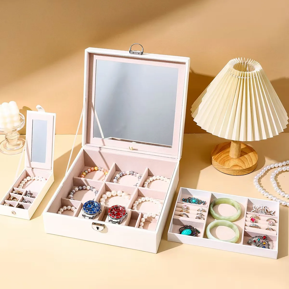 Separable makeup mirror with portable small jewelry box household simple large capacity necklace jewelry storage box