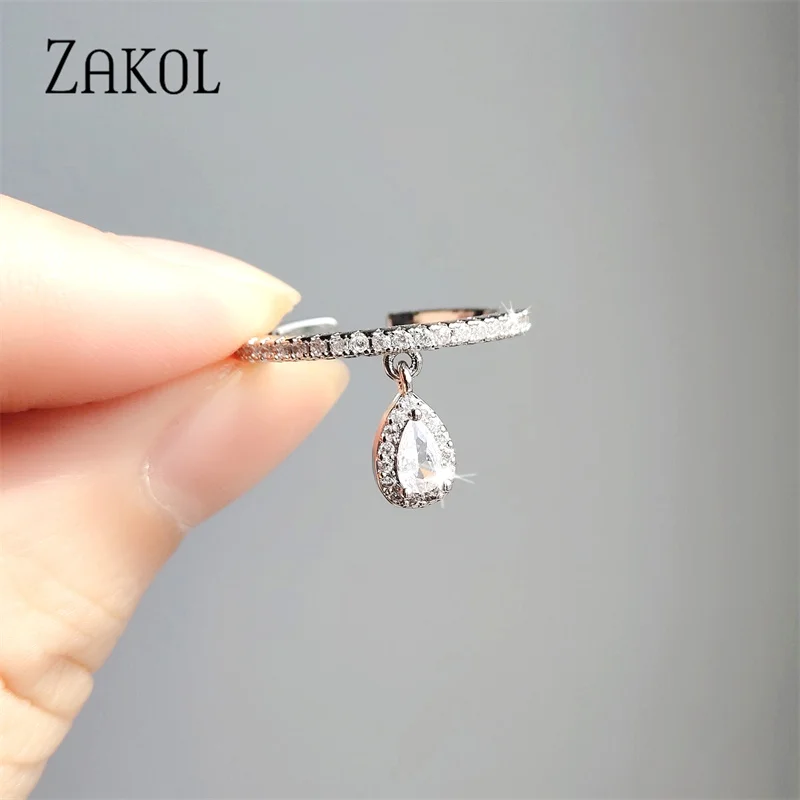 ZAKOL Fashion Water Drop Cubic Zirconia Engagement Rings for Women Adjustable Ring Accessories R2330