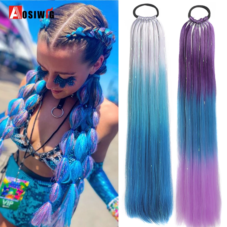 DIY Ombre Synthetic Ponytail With Elastic Hair Band Hair Extensions Tinsel Ponytail Colorful Hair For Braiding Hair Extensions