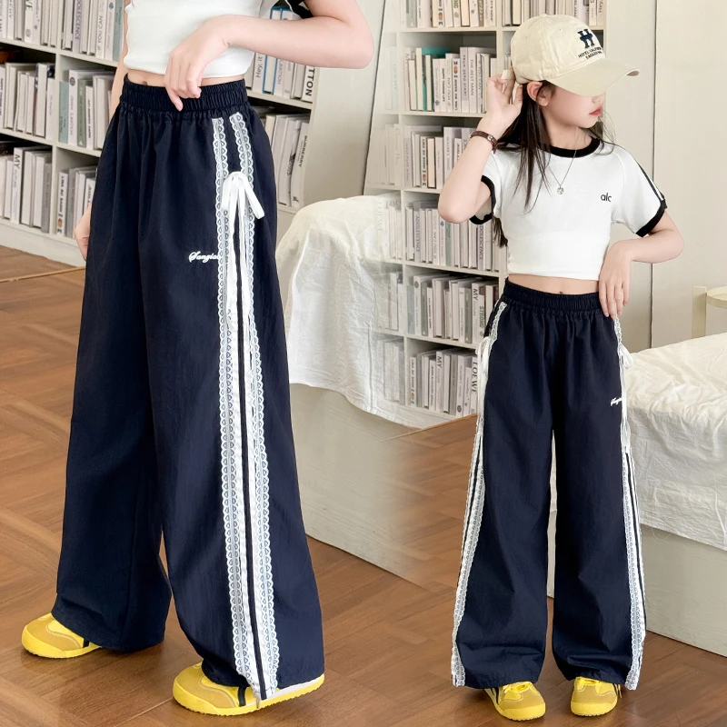 

Child Girls Summer Quick Dry Pants with Lacing on the Sides y2k Sweatpants Korean Kids Trackpants Trendy Harajuku Navy Trousers
