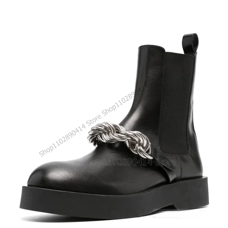 

Metal Knot Decor Black Round Toe High Top Boots Fashion Slip On Men Boots Luxury Handmade Party Banquet Office Men Dress Shoes