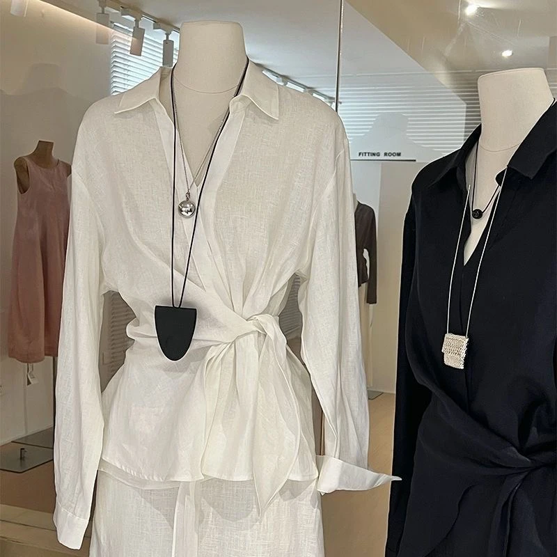 Women's Linen irt Loose Long Sve Knot Waist Design Classic Commute Sle Casual Loose Top Comfortable and versatile Breathable