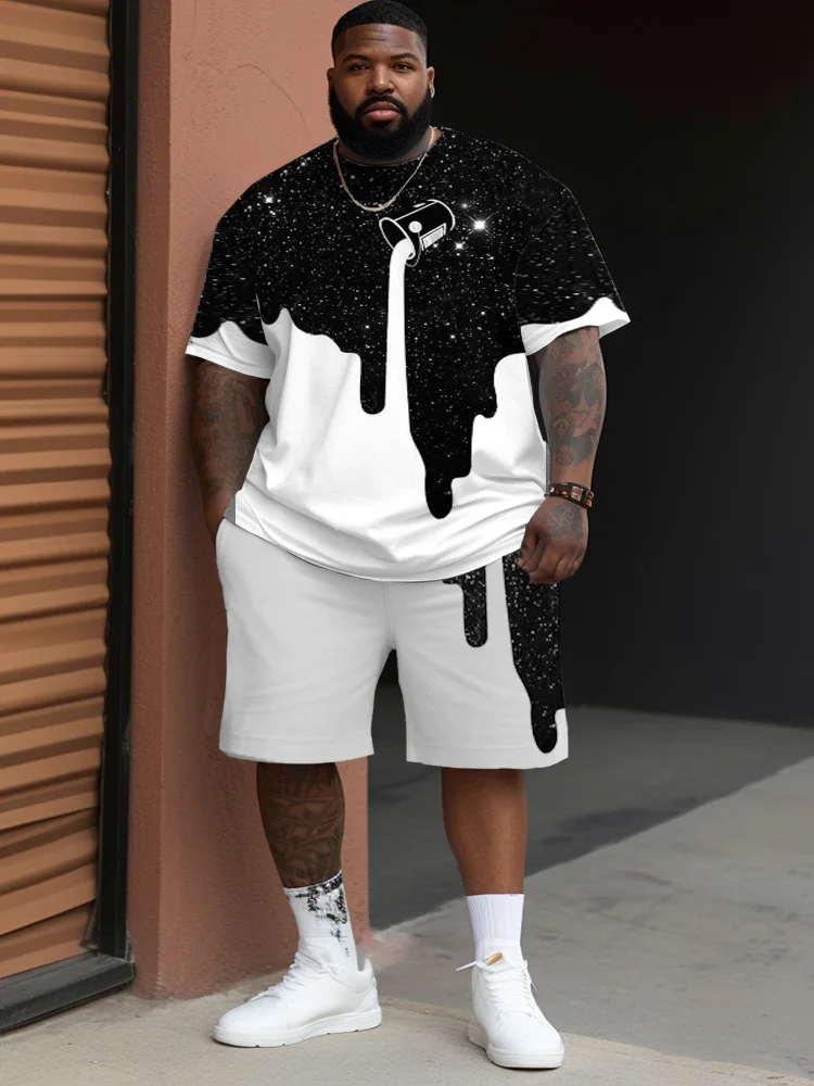 ZOOY (L-9XL) Men's Plus Size Suit Summer Color Block Skull Bear Simple Fashion Sports Round Neck Short Sleeve Shorts Suit