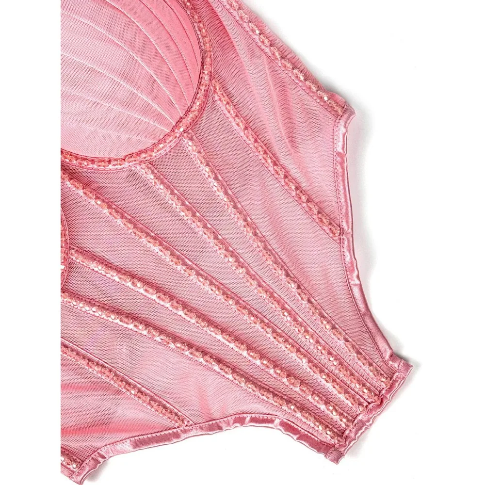 Sexy glitter mesh Corset Strapless Chic Korean Camis Tank Top Fashion Off Shoulder Summer Women Clothing