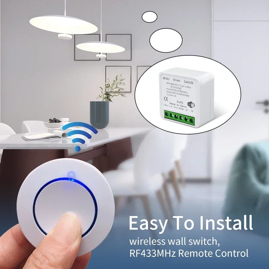 Tuya WiFi Smart Switch 16A RF433Mhz Wireless Mini Round Push Button Switch Alexa Google Assistant Voice Control Activation