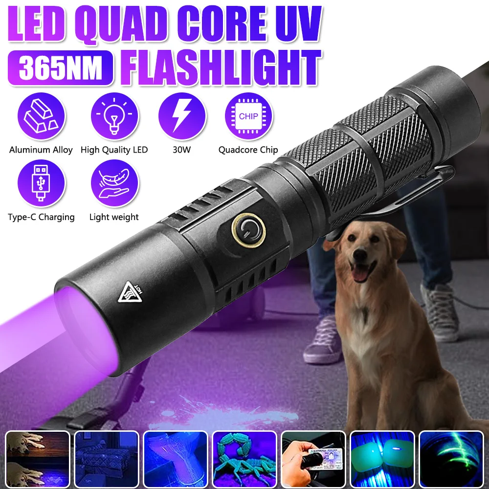 30W 365NM UV Light Flashlight Ultraviolet Lamp Money Fluorescent Agent Detection Torch Pet Urine Stains Detector