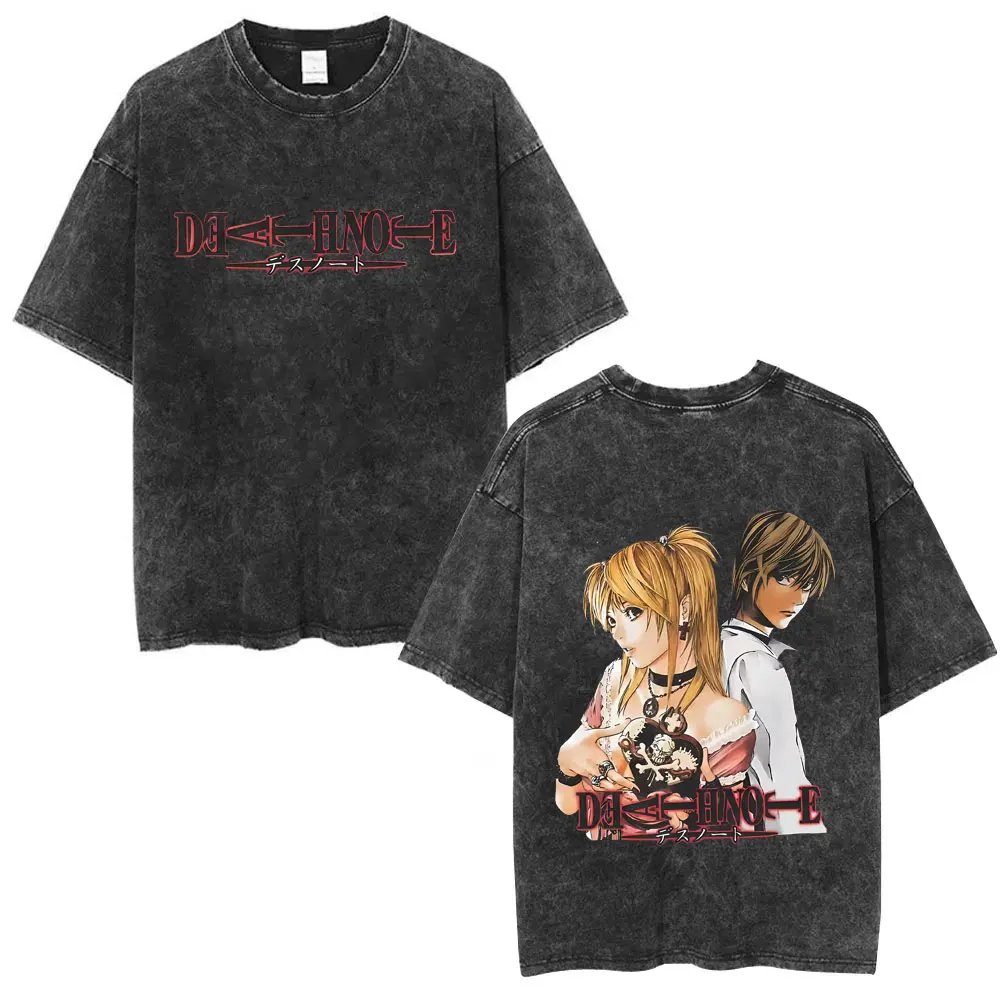 Washed Vintage Anime Death Note L Lawliet & Yagami Light Face Graphic T-shirt Summer Men Women Fashion Cartoon Crewneck T Shirts