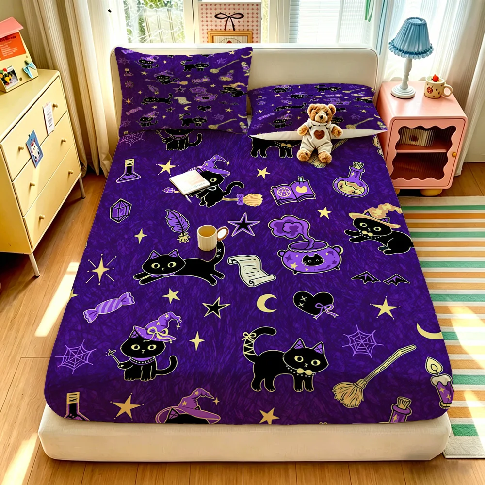 3pcs(1 duvet cover + 2 pillowcases, coreless)purple base and a pattern of black cats Bedding set available in multiple sizes