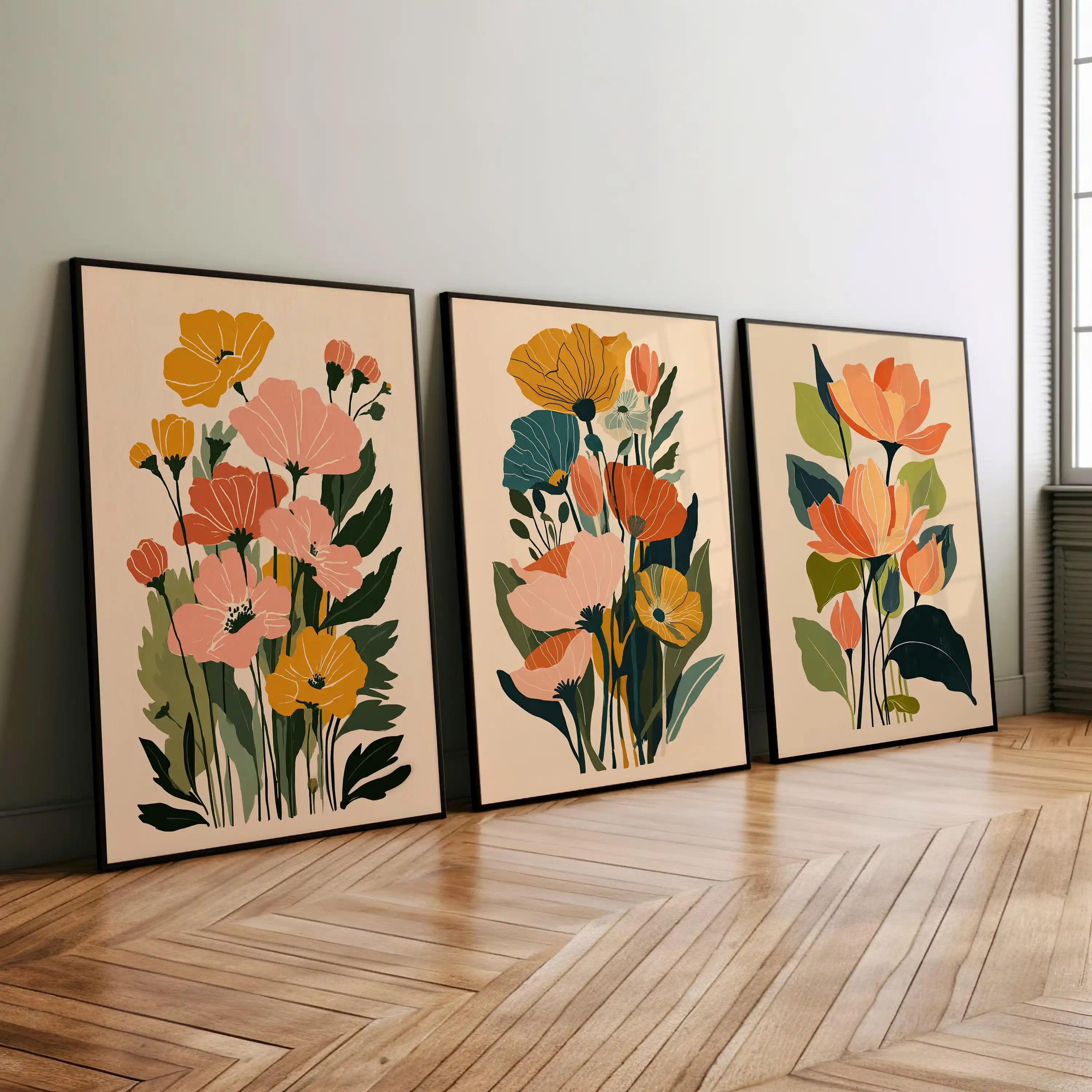 Modernes Boho-Abstraktes Blumen-Set aus 3 Postern oder Leinwanddrucken, Abstrakter Blumendruck, Retro-Vintage-Poster, Terrakotta-Rosa Dekor