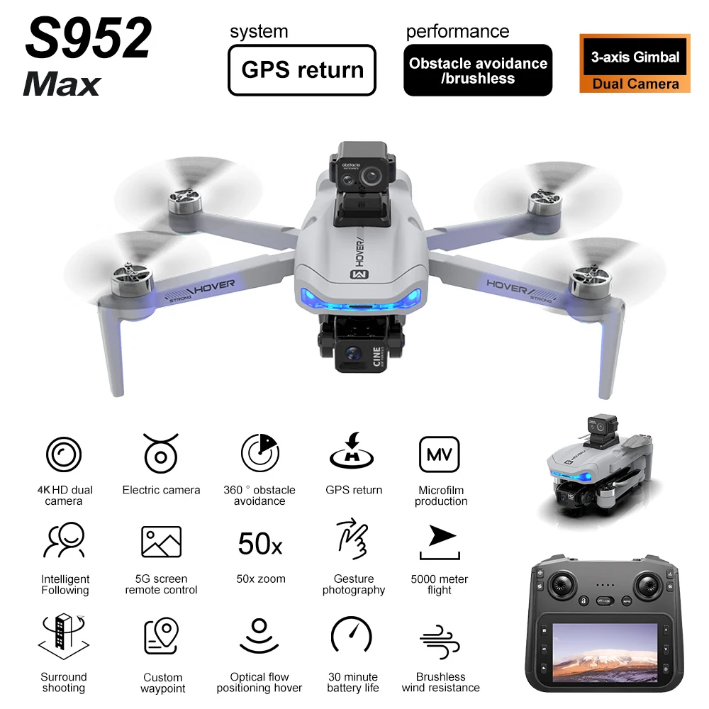 Nouveau Drone GPS professionnel S952 MAX avec caméra 4K, cardan 3 axes 5G WiFi, quadrirotor RC sans balais, contrôle d'écran, jouets de pêche