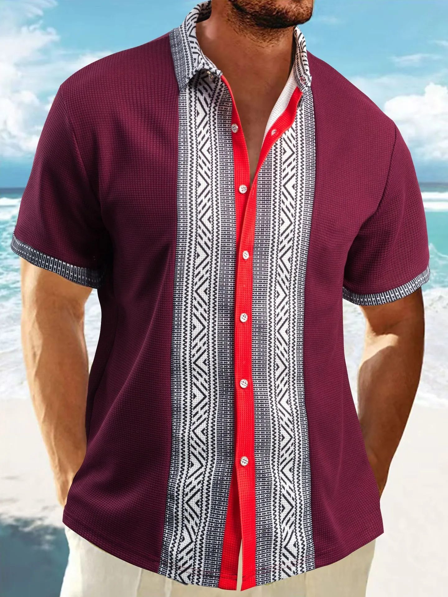 2025 Summer New Men's Short-sleeved Shirt Waffle Lapel Spliced button Top Cardigan Fashion Vintage Blouses for Male