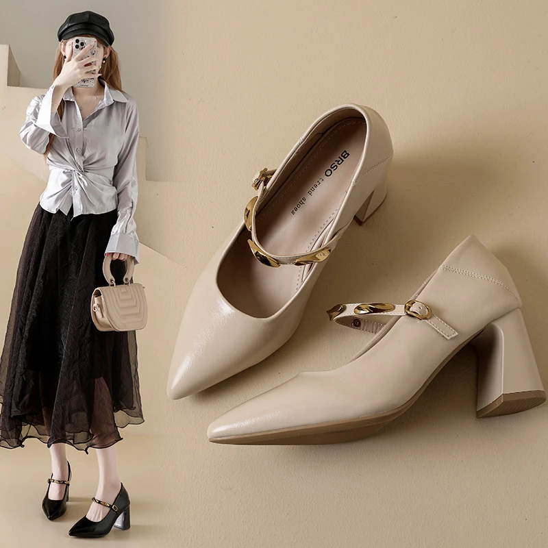 

Корейская версия, женские туфли Мэри Джейн в стиле ретро на блочном каблуке, новинка 2025, модные туфли на одном ремешке с острым носком и неглубоким носком в стиле ретро