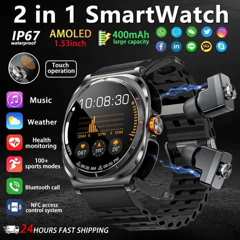 2025 새로운 스마트 시계 2 in 1 이어폰 BT 통화 남성용 시계 GPS 트랙 모니터 삼성 Galaxy Watch 7 용 음악 SmartWatch 재생