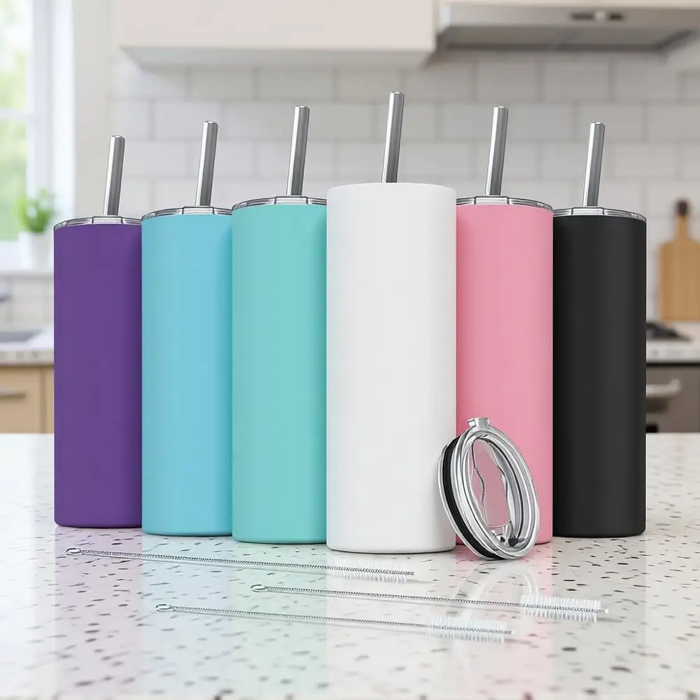 

Набор из 6 узких стаканов из нержавеющей стали, 20 унций, с двойными стенками, 6 подставками и 3 щетками для дорожных кружек, комплект