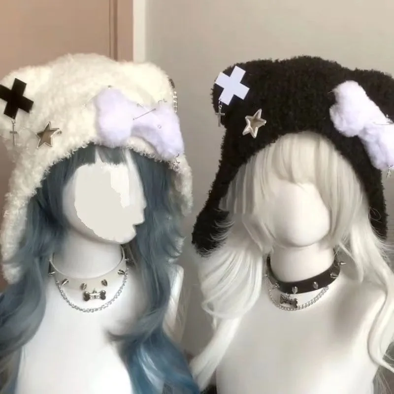 

Japanese Harajuya Culture Kawaii Bear Hat Cute Bone Lolita Design with Star Caps Women's Y2k Cosplay Knitted Hats