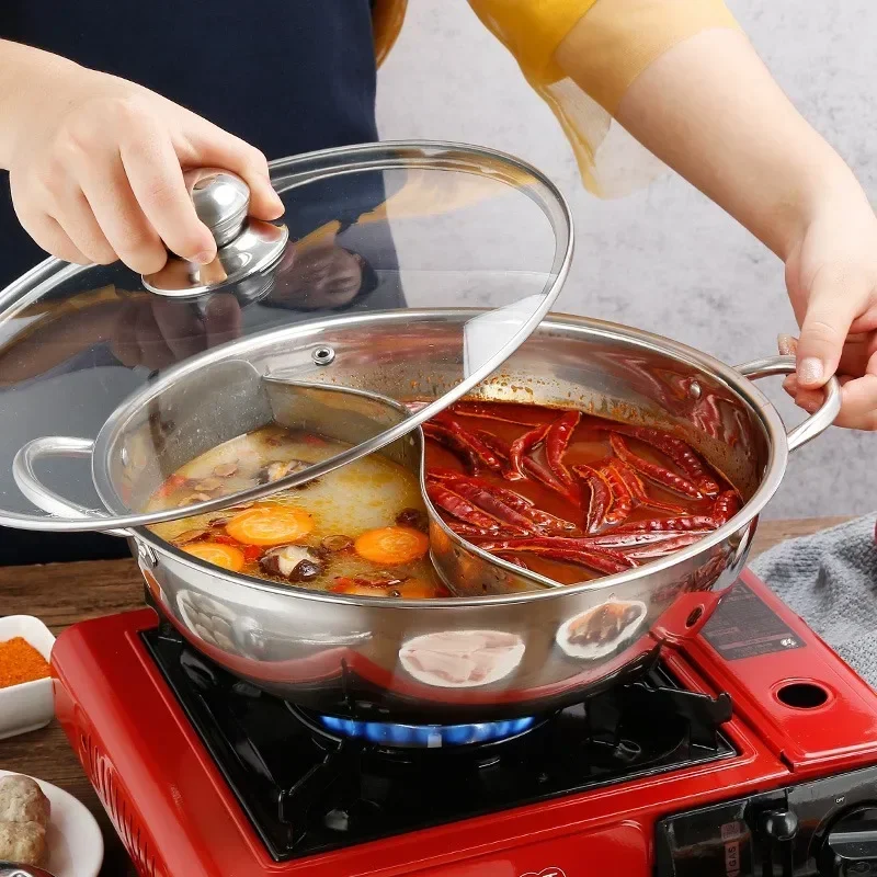 

Stainless Steel Leakproof Hot Pot Wear-resistant Induction Cooking Pots Twin Divided Kitchenware Gas Stove Cookware