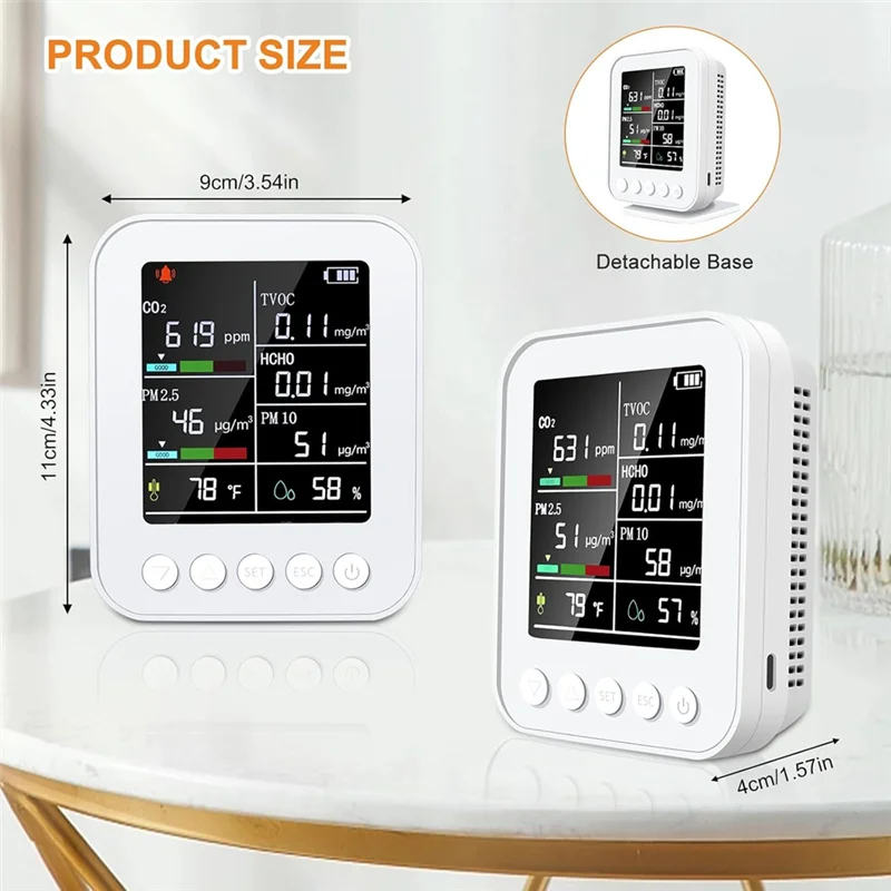 AIAI Smart 7 In 1 Air Quality Monitor With PM2.5, CO2 Detector With Alarm, Temperature & Humidity Sensors, LED Display