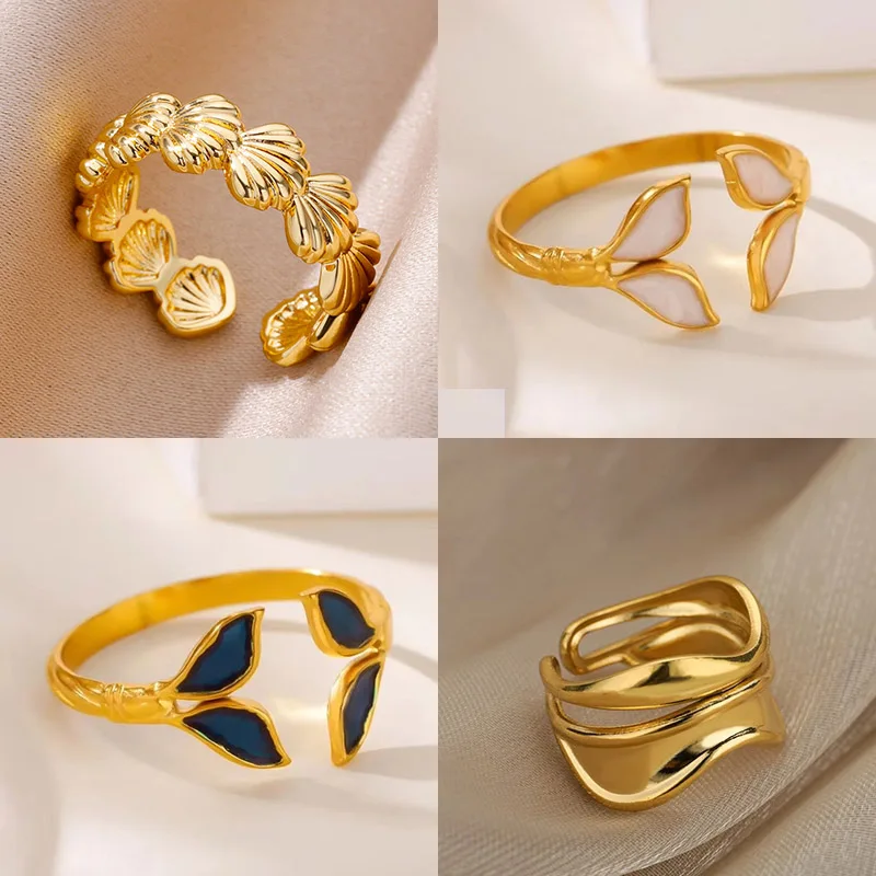 Mode Flügel Ringe Für Frauen Gold Farbe Edelstahl Einstellbare Fischschwanz Ring Ästhetische Hochzeit Weihnachten Schmuck Geschenk