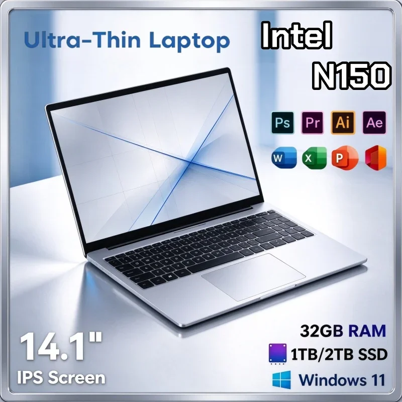 14.1" Windows 11 High Capacity Laptop Intel N150 32GB RAM 2TB SSD Slim Notebook For Remote Office And Student Learning