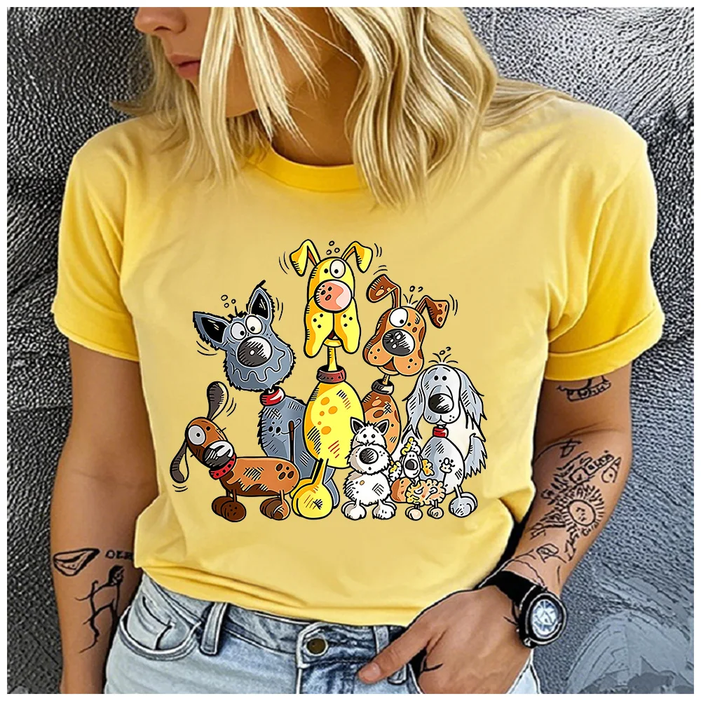 Cotton 100% Funny Hand Drawn Mixed Puppies Print T Shirt Women Cartoon Dog Family Casual Daily Basic Short Sleeve Top