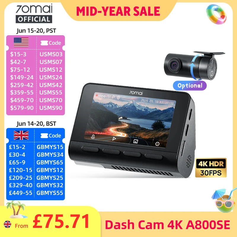 70mai 4K Dash Cam A800SE Upgraded Version of 70mai A800S Voice Control Supercapatior GPS ADAS Car DVR 70mai A800SE UHD Wifi 6