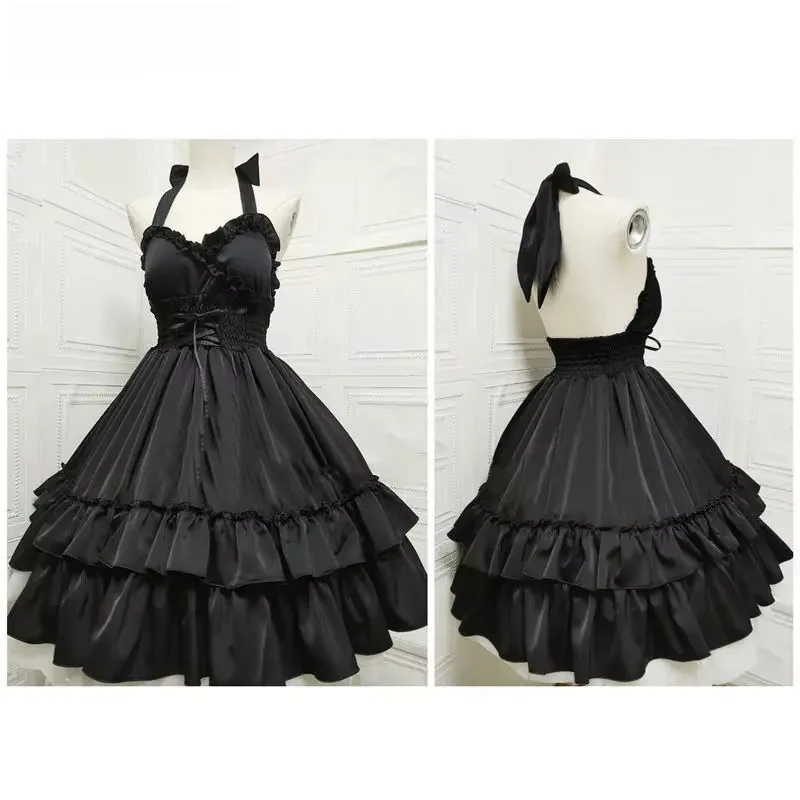 Women Vintage Lolita JSK Dress Ruffles Halter Collar Slim Sweet Wedding Party Dress
