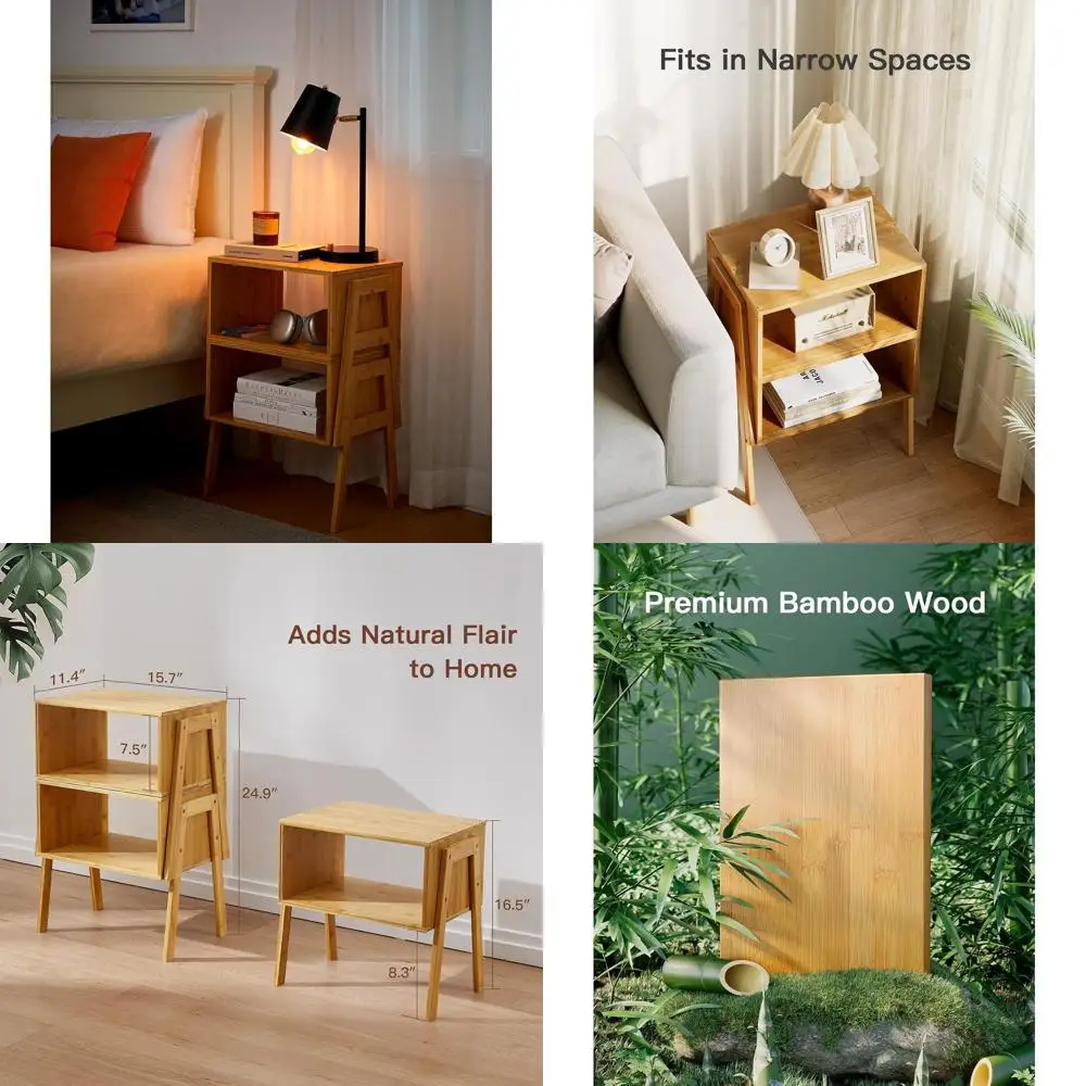 

Stackable Bamboo Side Tables, Wooden Storage Nightstands for Living Room and Bedroom, 2-Piece Set