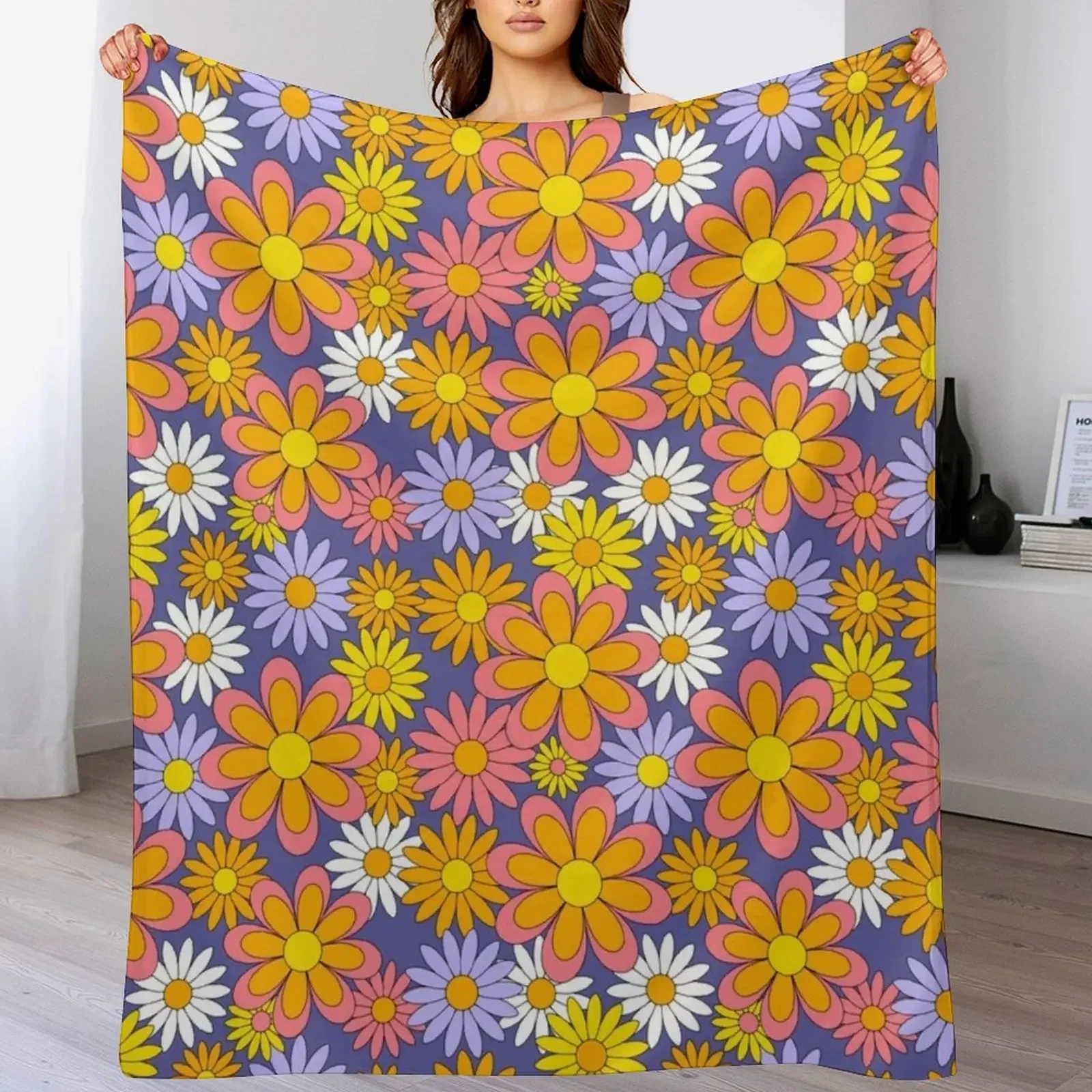 

70s Flower Power Purple Orange Yellow Retro Daisy Throw Blanket Stylish Warm Blanket for Living Room Bedroom