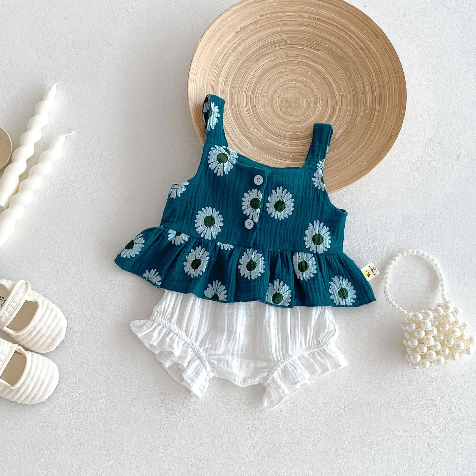 

2025 Summer New Baby Sleeveless Clothes Set Infant Girl Flower Sling Tops + Shorts 2pcs Suit Toddler Thin Cotton Vest Outfits